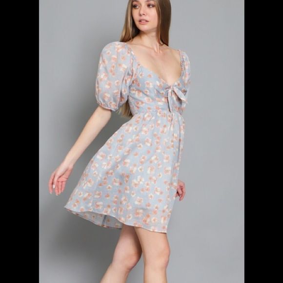 Aakaa Dresses & Skirts - Aakaa Fashion Sky Blue with a tie front and puff sleeve  Mini Dress size S